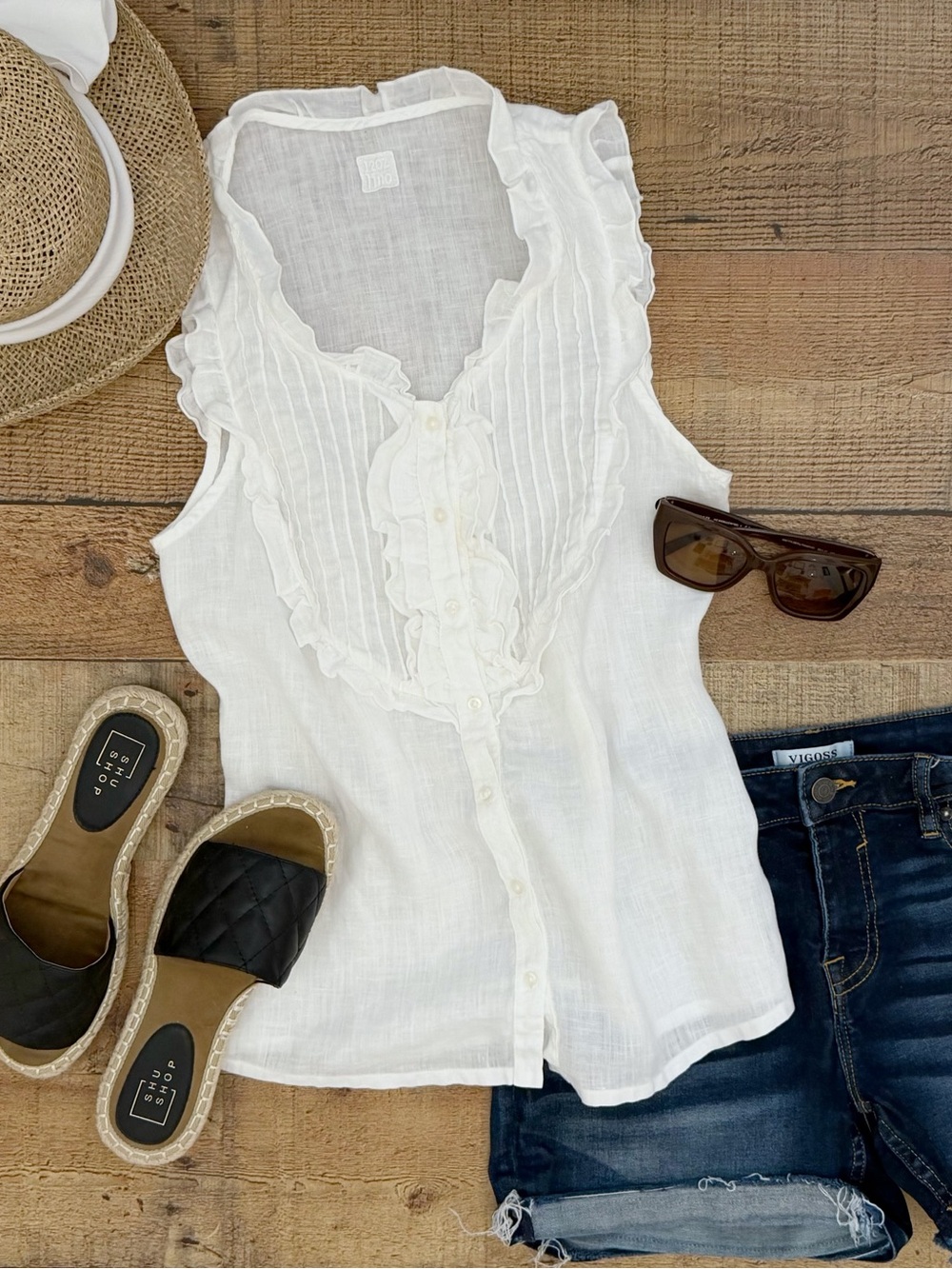 White Ruffle-Trim Sleeveless Button Front Blouse by 120% LINO - Picture 1 of 8